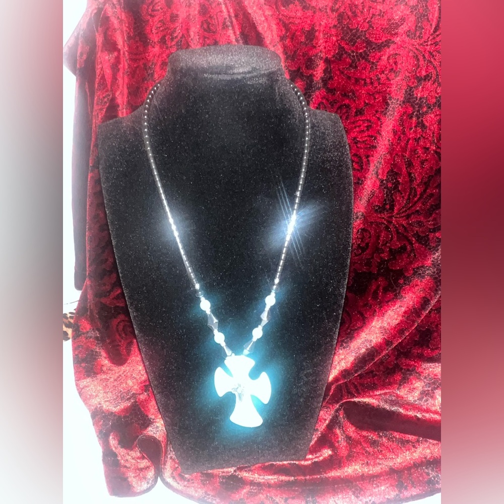 Elegant Blue & Silver  Cross Pendant Black & Blue beads Necklace 18”